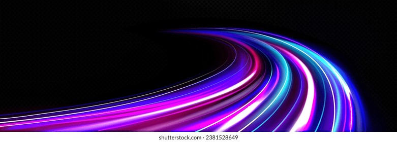 Fast speed light effect on black background. Vector realistic illustration of abstract neon color trail, night traffic motion trace, modern communication technology development, futuristic cyber space