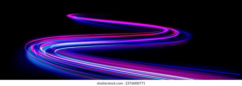 Fast speed light motion race effect abstract background. Blue and red flare energy trail with blur. Futuristic network data track for cyber graphic design. Modern neon speedy long move flash traffic