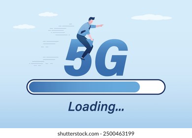 Rápida velocidad de Internet móvil, red 5g. Carga rápida de contenido multimedia en gadgets. Paseo del usuario masculino en la señal 5g. Mejoras en la calidad de la señal, tarifa con Internet móvil rápido. Ilustración vectorial