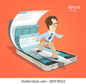 Fast Speed Mobile Internet Surfing. Man Businessman On Surfboard. Search Information Using Smartphone. Color Vector Illustration Creative Concept.