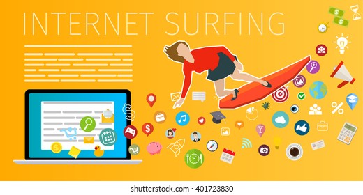 Schnelles mobiles Surfen im Internet. Geschäftsfrau auf Surfbrett. Flaches Design, Vektorgrafik