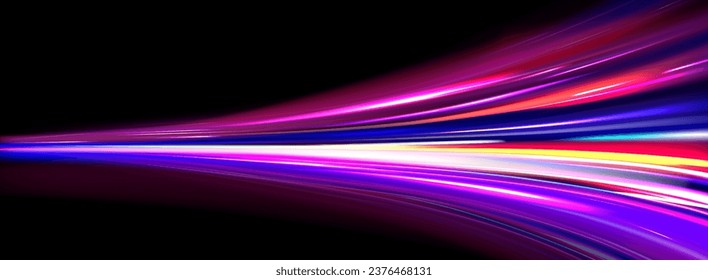 Fast speed motion light effect on black background. Vector realistic illustration of abstract neon trail, futuristic technology, modern communication network, energy velocity, night traffic trace