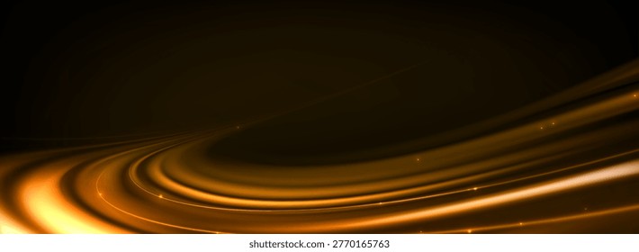Fast speed motion light effect on black background. Vector realistic illustration of neon yellow radial movement beams, night highway traffic design, abstract wave lines against dark road backdrop