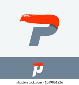 Fast speed P letter logo with red dry brush stroke. Oblique font for sportswear labels, t-shirt prints, race banners, taxi cards etc.