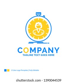 fast, speed, stopwatch, timer, girl Blue Yellow Business Logo template. Creative Design Template Place for Tagline.
