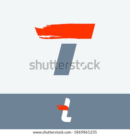 Fast speed T letter logo with red dry brush stroke. Oblique font for sportswear labels, t-shirt prints, race banners, taxi cards etc.