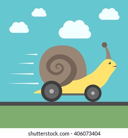 Fast speedy snail with automobile wheels moving quickly. Success, haste, speed, efficiency, performance and creativity concept. EPS 8 vector illustration, no transparency