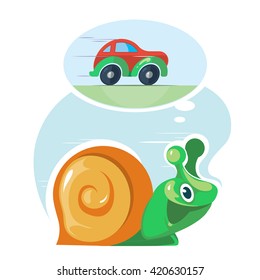 Fast speedy snail dreams to move as the cars. Moving quickly. Success, haste, speed, efficiency, performance and creativity concept. Vector illustration on light background