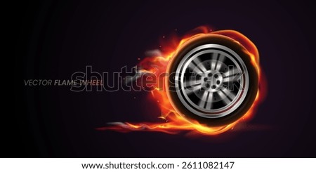 Fast spinning car wheel with fire. Burning wheel with blurred motion effect in realistic 3d style on black background. Element for your design. Vector illustration.