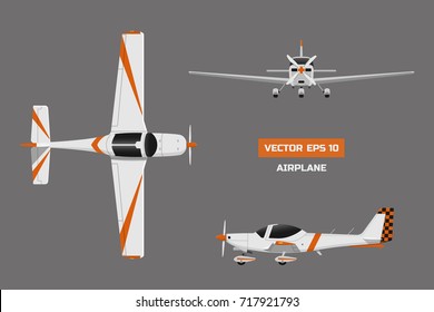 Fast Sports Airplane On Gray Background. View From Above, Front, Side. Aircraft For Training. Plane For Flight Academy. Vector Illustration