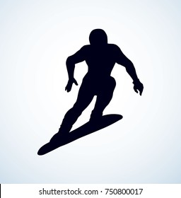 Fast sporty healthy male person figure on light white ice alp mountain background. Dark ink hand drawn picture logo emblem in modern engraving graphic style with space for text