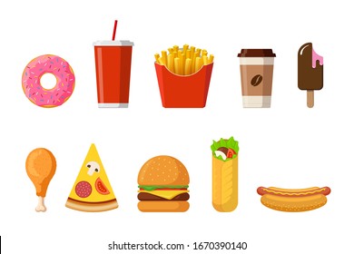 Fast sreet food lunch or breakfast meal set. Classic burger, french fries, fried crispy chicken leg, glazed donut, soft drink, coffee cup, ice cream, hot dog, pizza and shawarma. Vector illustration