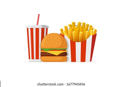 Almuerzo de comida rápida para llevar. Hamburguesa clásica de queso con patatas fritas y vaso de refresco. Ilustración vectorial de pasos aislados planos