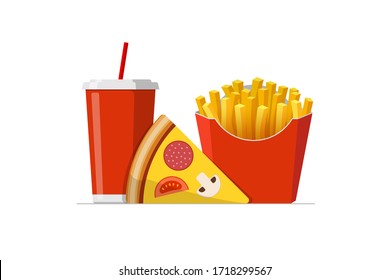 Fast sreet food takeaway lunch meal set. Pizza slice with french fries pack and soft drink soda cup. Flat isolated eps vector illustration