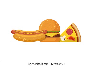 Fast sreet food takeaway lunch meal set. Pizza slice with tasty burger and hot dog. Flat isolated eps vector illustration