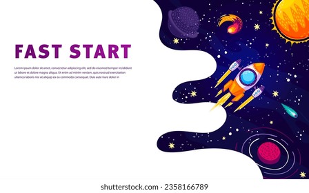 Afiche del concepto de negocio de inicio rápido. Cohetes espaciales en galaxia estrellada. Antecedentes del sitio web de lanzamiento de inicio, diseño vectorial de la página web del proyecto empresarial con la nave espacial de dibujos animados volando en el espacio exterior, planetas espaciales