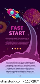 Fast start concept illustration. Space banner with rocket, planets and stars. Vertical flyer template.