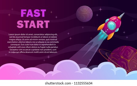 Fast start poster. Rocket launch concept. Vector space illustration.