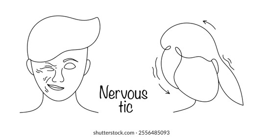 Fast, stereotypical short-term involuntary elementary movement. A man and a woman with a nervous tic. Involuntary contractions of the eye muscles and head movements Vector illustration. Nervous tic.