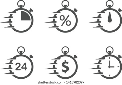 fast stopwatch flat icons isolated on white background. fast time stopwatch vector icon set for web and ui design. time is money business concept. round the clock, dollar and percent signs
