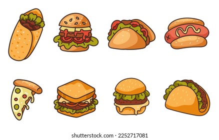 Fast street food burger, pizza, sandwich, taco isolated set. Doodle line art style concept set. Vector cartoon graphic design element illustration