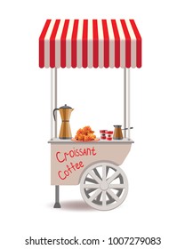 Fast street food caravan trailer. Colorful vector illustration, cute style, isolated on white background. Kiosk on wheels. A smart cart. Set with market symbols. Isolated vector illustration