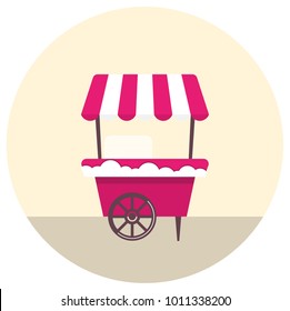 Fast street food caravan trailer. Colorful vector illustration, cute style, isolated on white background. Kiosk on wheels. A smart cart. Set with market symbols. Isolated vector illustration