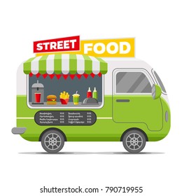 Fast street food caravan trailer. Colorful vector illustration, cute style, isolated on white background