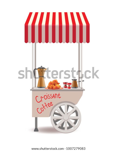 Fast street food caravan trailer. Colorful\
vector illustration, cute style, isolated on white background.\
Kiosk on wheels. A smart cart. Set with market symbols. Isolated\
vector illustration