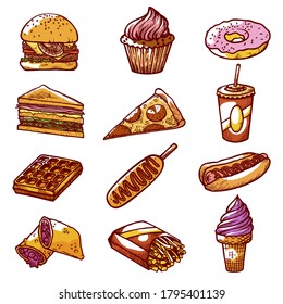 Fast street food hand drawn doodle set. Sweet pies, potato finger chips, ice cream cup, hotdog, wafer, coffee, pizza, sandwich, hamburger, muffin, donut. Vector snack collection isolated on white.