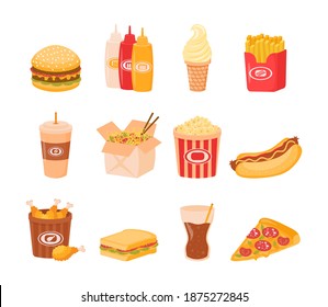 Fast street food lunch or breakfast meal set isolated on white background. Cartoon fast food unhealthy burger sandwich, hamburger, pizza food restaurant menu snacks. Vector illustration, eps 10.