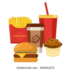 Fast street food lunch or breakfast meal set. Fast food icons. Cheeseburger, french fries,  soft soda, coffee cup, hot dog, coffee and cupcakes. Vector illustration