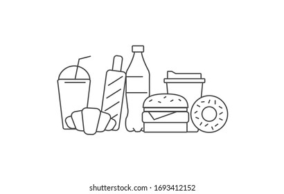 Fast or street food meal items put together in still life composition, simple line icons of lunck snack or dinner, isolated