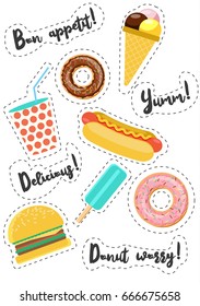 Fast street food vector stickers. Burger, hot dog, donut , ice cream, drink. Phrases about food. Modern flat style illustration.