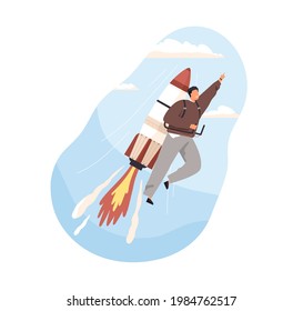 Fast successful launch of business startup concept. Ambitious man on rocket, developing and achieving career goals. Colored flat vector illustration of entrepreneur isolated on white background