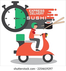 Fast sushi delivery, delivery man vector