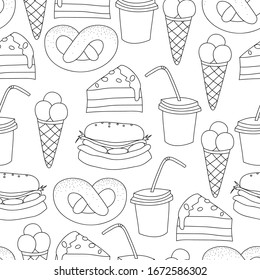 Fast and sweet food: simple drawing, seamless transparent pattern, coloring page. Tasty vector graphics.