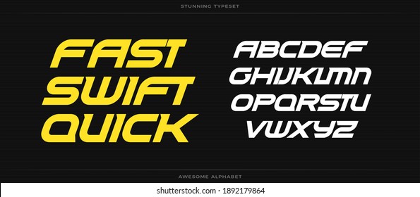 Fast swift quick alphabet. Sport font. Bold speed italic type for energy logo, automotive headline, endurance monogram, lettering and typography of power. Expanded letters, vector typographic design