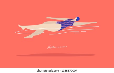 Fast swimming young woman in a striped swimsuit on a coral background. Types of swimming- crawl on the back. Vector illustration in trendy flat style.