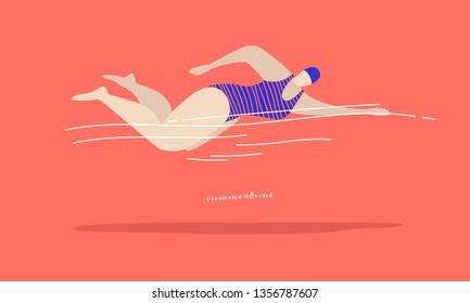 Fast swimming young woman in a striped swimsuit on a coral background. Types of swimming-crawl on the chest. Vector illustration in trendy flat style.