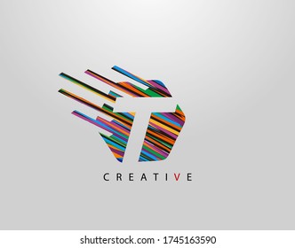 Fast T Letter Logo. Creative Modern Abstract Geometric Initial T Design, made of various colorful pop art strips shapes  