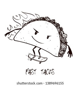 Fast tacos. Taco on fire rides on a skateboard. Vector illustration in cartoon style