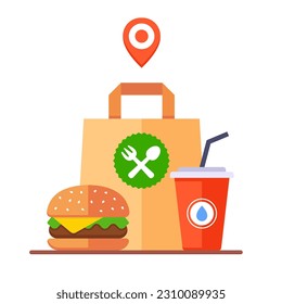 comida rápida para llevar. bolsa de papel para entrega. ilustración vectorial plana.