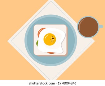 Fast Tasty Healthy Breakfast Fried Egg Bread Coffee Morning Blue Plate Orange Backround Bright Less Calories