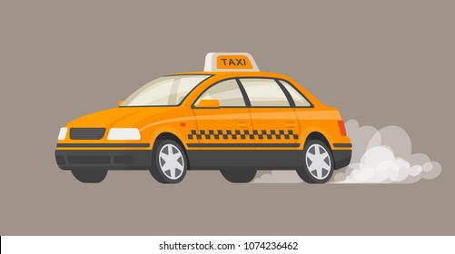 Fast Taxi. The Car Rides To Order, Leaving A Puff Of Smoke Behind. The Concept Of Quick Delivery. Vector Illustration In A Flat Style