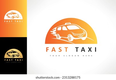 Schnelles Taxi-Logo. Maschine mit hoher Geschwindigkeit mit einem Rauch von Feuervektor.