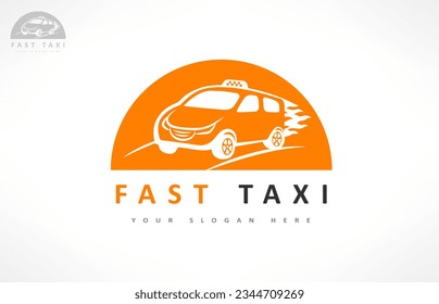 Fast Taxi logo. Machine at high speed with a plume of fire vector.