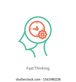 Fast thinking icon concept with clock and gear in the drawing of human brain isolated on white background, vector and illustration.