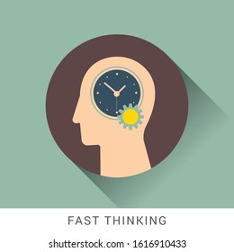 Fast thinking icon concept with clock and gear in the drawing of human head