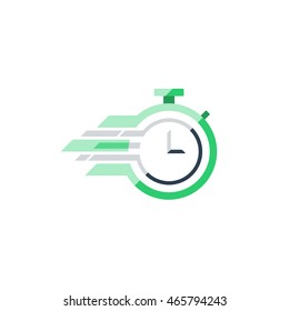 Fast Time Concept, Quick Delivery, Stopwatch In Motion, Flying Clock, Express Order, Rush Hour Logo, Vector Icon